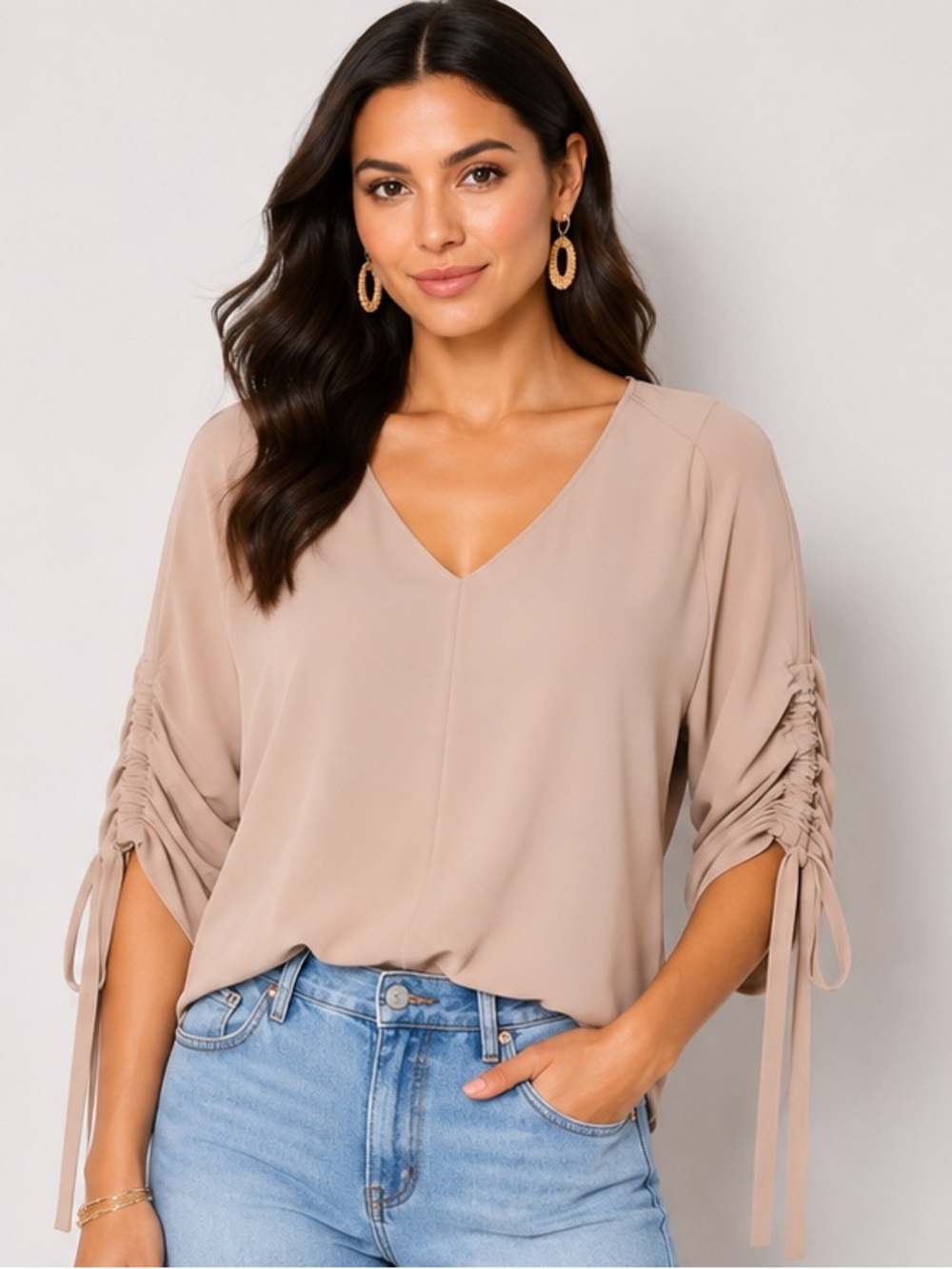 Excellent condition Amanda Uprichard Tan/Nude Tie Sleeve V-Neck Top Small